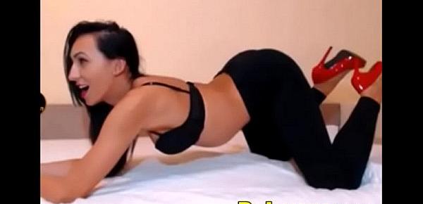  Brunette teen in leggings teasing on webcam